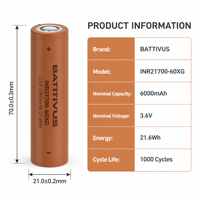 Baterai Semi-Solid State Canggih 21700 6000mAh 3.6V 21.6Wh 400Wh/kg Tenpower 60XG Cell untuk Peralatan Medis Robotika Canggih