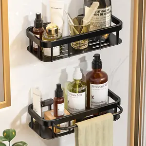 Bathroom Kitchen Wall Mounted No Drilling Aluminum Storage Rack Storage Holder Shelf With Towel Holder Wall Organizer