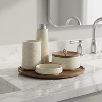 Ensemble d'accessoires de salle de bain de luxe 4 pièces en terrazzo, plateau en bambou, distributeur de savon en résine blanc crème, porte-brosse à dents, moderne et écologique