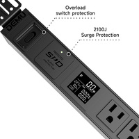 PDU 19 pouces 1U en aluminium pour montage en rack, usage industriel, 5 prises US, affichage numérique, charge rapide USB-C 30W, 2100J