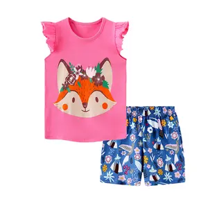 新款精品厂家批发夏季针织卡通狐狸粉色动物鸟类印花圆领学步女童服装套装