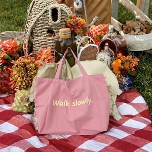 Sac fourre-tout en toile de couleur unie avec impression de lettres et longue bandoulière, sac fourre-tout en toile de coton - Product Image 4