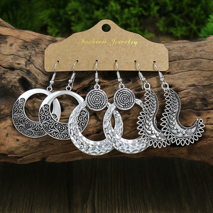 Vintage Geometric Alloy <b>Hoop</b> Earrings Antique <b>Silver</b> Plated Women's Party Fashion Jewelry Set - Product Image 1