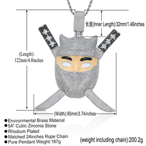 BES New Design Hip Hop Jewelry Big Heavy Iced Out CZ Enamel Ninja Pendant <strong>Necklace</strong> With Removable <strong>Sword</strong> for Men - Product Image 3