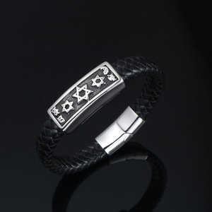 Stainless Steel Woven <b>Bracelet</b> Star Pattern <b>Leather</b> Bangle Men's Jewelry Gift CE534 - Product Image 2