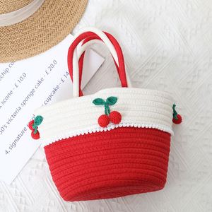 Handmade Cotton Thread Small <b>Bag</b> Cute Cherry Design Versatile <b>Straw</b> <b>Bag</b> for Women New Craft Woven <b>Bag</b> for Seaside Vacation - Product Image 2