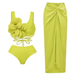 Hot Sale Luxury Women Bathing Suit Neon Swimsuit 3D Flower Nina Bikini Online 3 Piece Swimwear With Long Skirted Cover Up