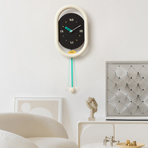 Trendy Cream <b>Wall</b> <b>Clock</b> Oval Shape Battery Powered Nordic <b>Design</b> Living Room Decor - Product Image 1