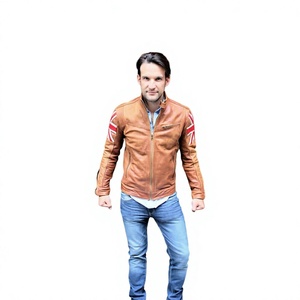 Blouson moto en cuir marron pour homme avec patchs Union Jack, fermeture éclair, col rabattable, coupe ajustée, coupe-vent, pour l'automne - Product Image 2