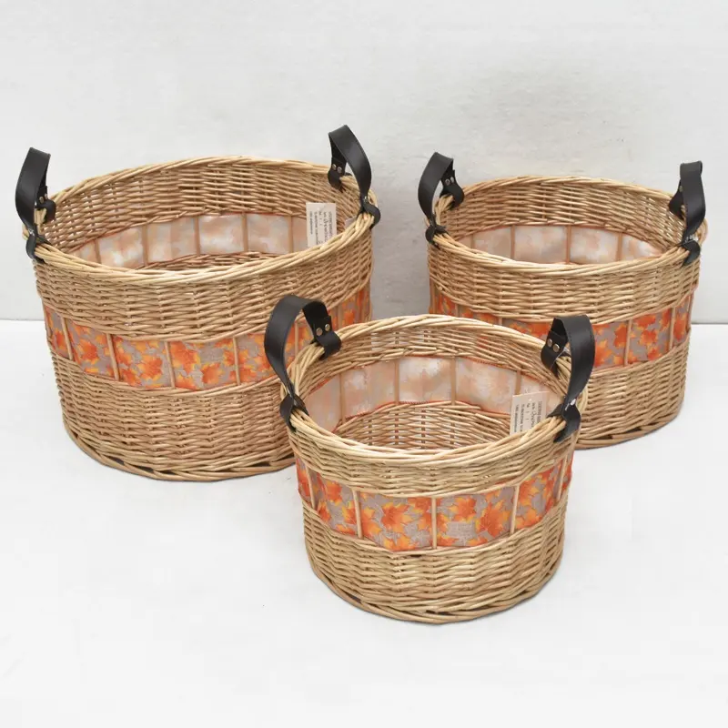 Cheap Round Natural Color Large wicker Woven Basket Storage Circle Weave Willow Rattan Basket Sets With Leather Handle