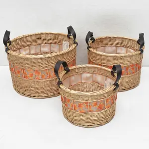 A buon mercato rotondo di colore naturale grande cesto in vimini intrecciato cerchio intrecciato salice Rattan set di cesti con manico in pelle