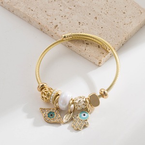 Bracelets jonc ajustables en acier inoxydable <span class=keywords><strong>avec</strong></span> pendentif œil porte-bonheur et main de Hamsa en alliage, décor de perles assorties, bijoux de mode pour femmes - Product Image 4