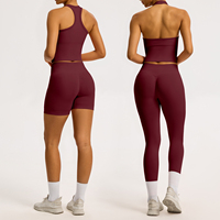 Conjunto de 2 piezas para mujer: Top halter sin costuras con espalda descubierta y hombros descubiertos, y shorts de yoga con almohadillas, de cintura alta, efecto levantamiento de glúteos, de secado rápido, con cierre frontal.