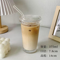 Tasse à thé à bulles transparente 375ml, tasse en verre à rayures verticales côtelées simples avec couvercle et paille