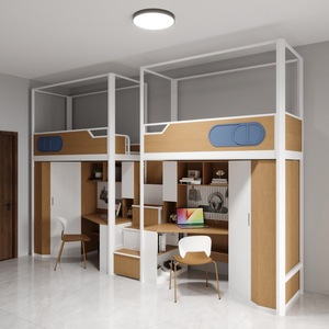 Lit superposé en métal avec cadre en fer, bureau supérieur et inférieur, service de conception 3D gratuit personnalisé, appartement, dortoir, pour étudiants, école - Product Image 1