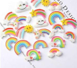 Cabochon à dos plat en résine arc-en-ciel, breloques mignonnes, étoile brillante, lune, licorne, visage souriant, nuage - Product Image 4