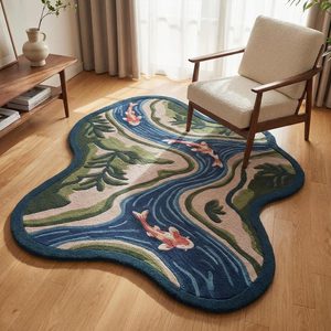 Hand Tufted Koi Fish Wool Carpet in Blue Beige Irregular River Style Area Rug for Living Room Bedroom Nursery <b>Kids</b> Room Lounge - Product Image 3
