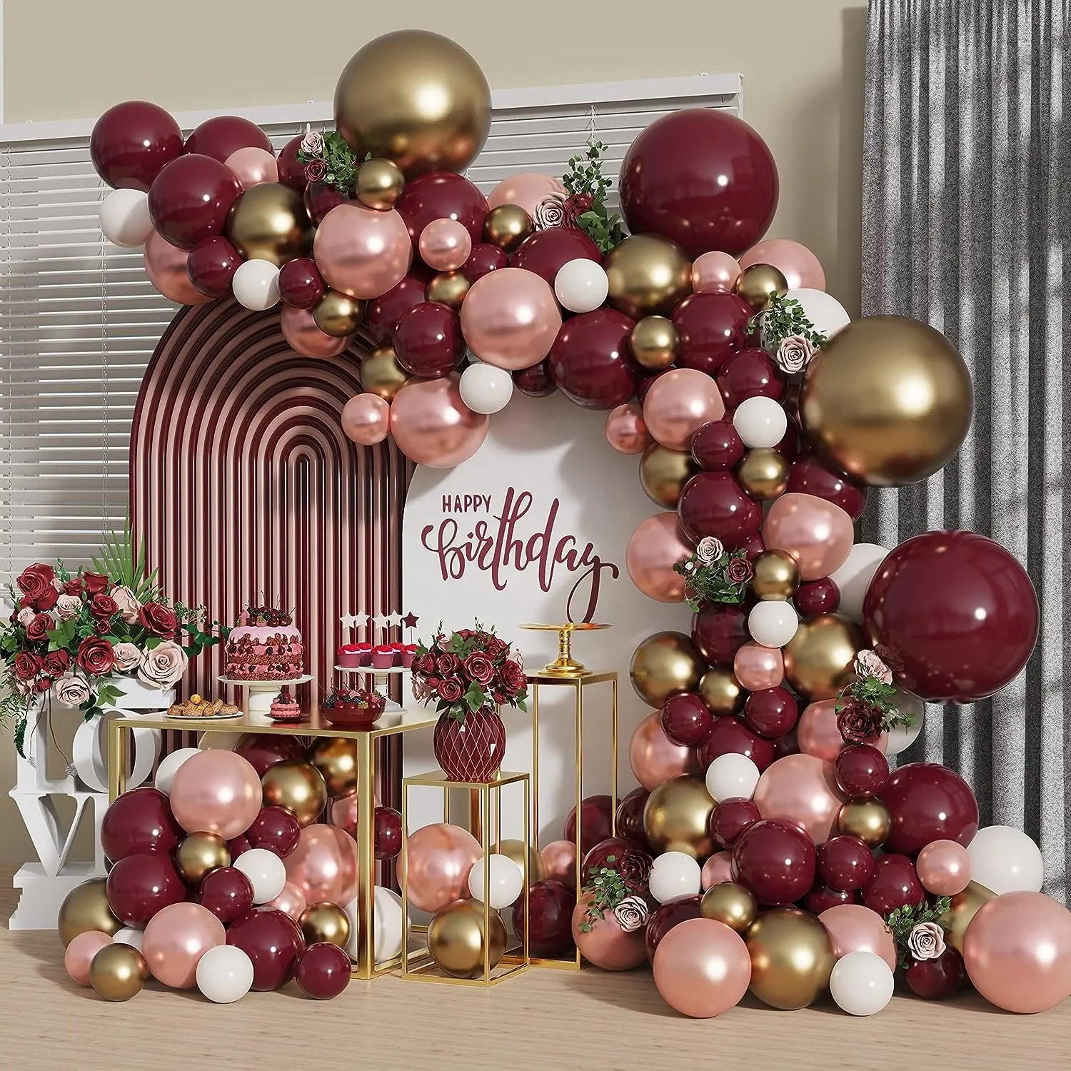 Jyao DIY Burgundy kim loại Chrome globos Garland bóng bay Bộ dụng cụ cho bữa tiệc sinh nhật đám cưới