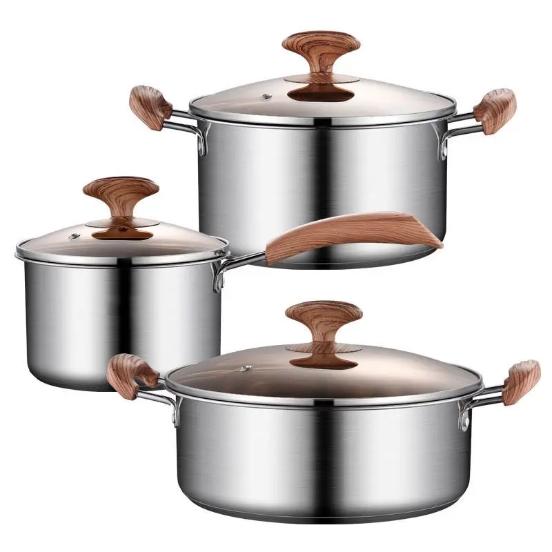 Gk Stainless Steel Stainless Steel Lid Kitchen Belly Shape Cooking Pots Cookware SetWith Flat Glass Lid