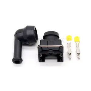 827551-3 AMP Timer EV1 Female Fuel Injector Plug 2 Pin Connector with 90 Degree Rubber Boots Black Adapter Automotive PBT CE+FCC