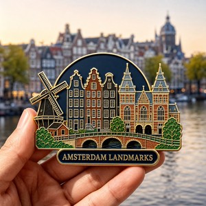 Imán de Refrigerador 3D Personalizado con Diseño de Casas de los Canales de Ámsterdam, Países Bajos, Recuerdo de Viaje con Logotipo Personalizado - Product Image 1