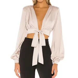 Wholesale Custom Fashion Top Puff Long Sleeve Ruffles Tie Front Satin Deep V Neck Crop Blouse For Women