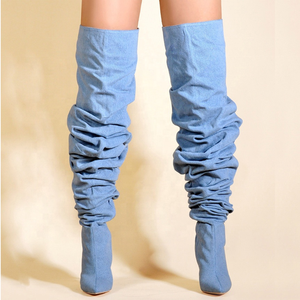 Big Size 44 Plaid Print Side Half-zip Over Knee High Pile of <b>Boots</b> for Women Stiletto Ladies Pointed Toe Thigh High Long Booties - Product Image 5