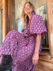 Robe décontractée ethnique à imprimé floral violet, longueur genou, coupe trapèze, manches courtes, style vintage, pour femme, été - Product Image 1