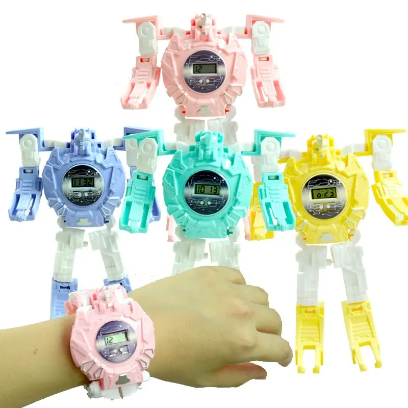 Colorful Cartoon Plastic Transform Change Deform Robot Toy Boys Girls Watches Wrist Digital Watch Children's Kids Watch