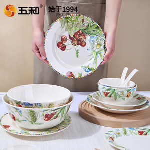 Wuhe Melamine Dinnerware Set Cherry Pattern Round Plates Bowls Spoons For Home Hotel Restaurant Use - Product Image 1