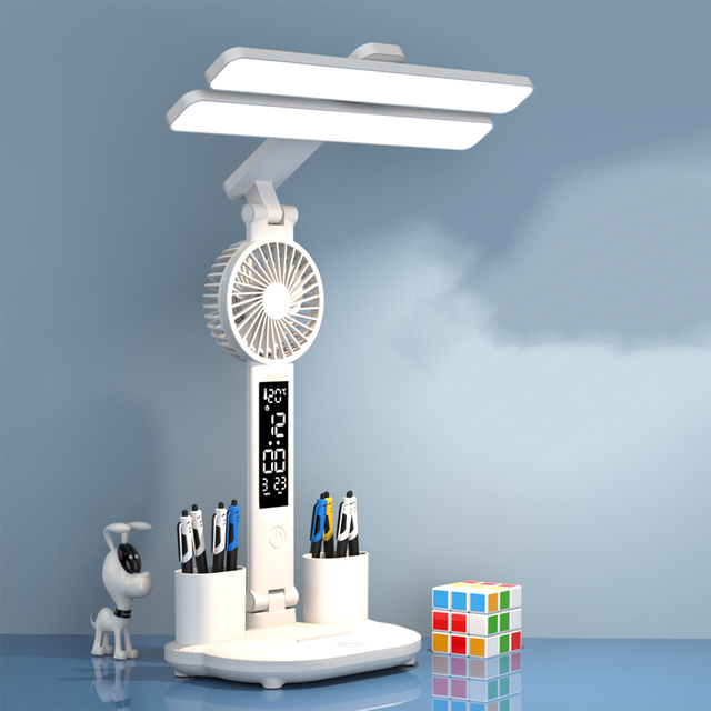 LED Smart Folding Desk Lamp With Fan Pen Holder Clock Touch Control Eye Protection Learning Table Lamp