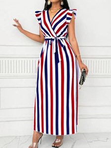 Robe longue d'été 2026 pour femme, respirante, à taille naturelle cintrée, rayée rouge et blanc, col en V, bord à volants, à lacets - Product Image 5