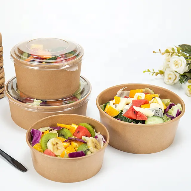 Caja de embalaje de alimentos con impresión personalizada, recipiente desechable para ensaladas, cuencos de Papel kraft con tapa