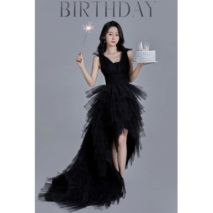 Black Asymmetrical Evening Gown Sweetheart Neckline Organza High Low Train For Weddings Banquets Stage Performances - Product Image 1