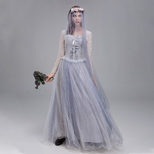 Robe de mariée fantôme pour femmes, Costume de Cosplay, robe en Tulle à manches longues avec voile et couronne de fleurs pour jeu de rôle en soirée d'halloween - Product Image 3
