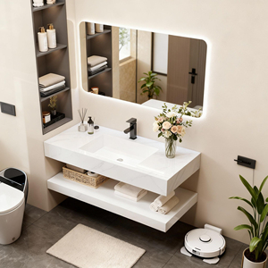 Mobiletto da <span class=keywords><strong>bagno</strong></span> a parete <span class=keywords><strong>in</strong></span> stile europeo <span class=keywords><strong>con</strong></span> piano di lavoro <span class=keywords><strong>in</strong></span> marmo, lavandino e specchio a LED - Product Image 1