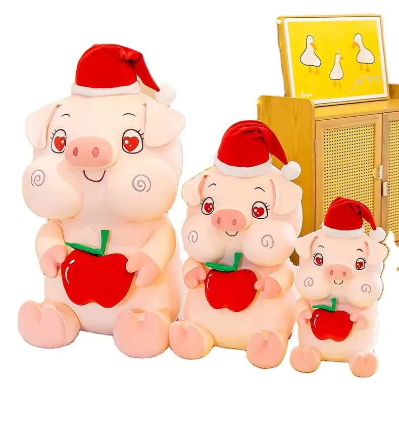 पशु आकार प्यारा गुलाबी सुअर कस्टम आलीशान खिलौने के लिए कस्टम भरवां पशु सुअर त्वचा नरम आलीशान खिलौने भरवां सुअर पकड़े एक एप्पल