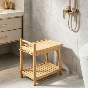 Natural Bamboo Bathroom Stool Double-Layer Drainage Waterproof Storage <b>Bench</b> for Home Bathroom - Product Image 2