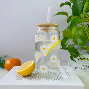 Aanpassen Logo 480Ml/16Oz Schattige Bloem Glazen Bekers Kan Vormen Koffie Bier Sap Glazen Met Bamboe Deksel En Stro Voor Thuis Kantoor - Product Image 2