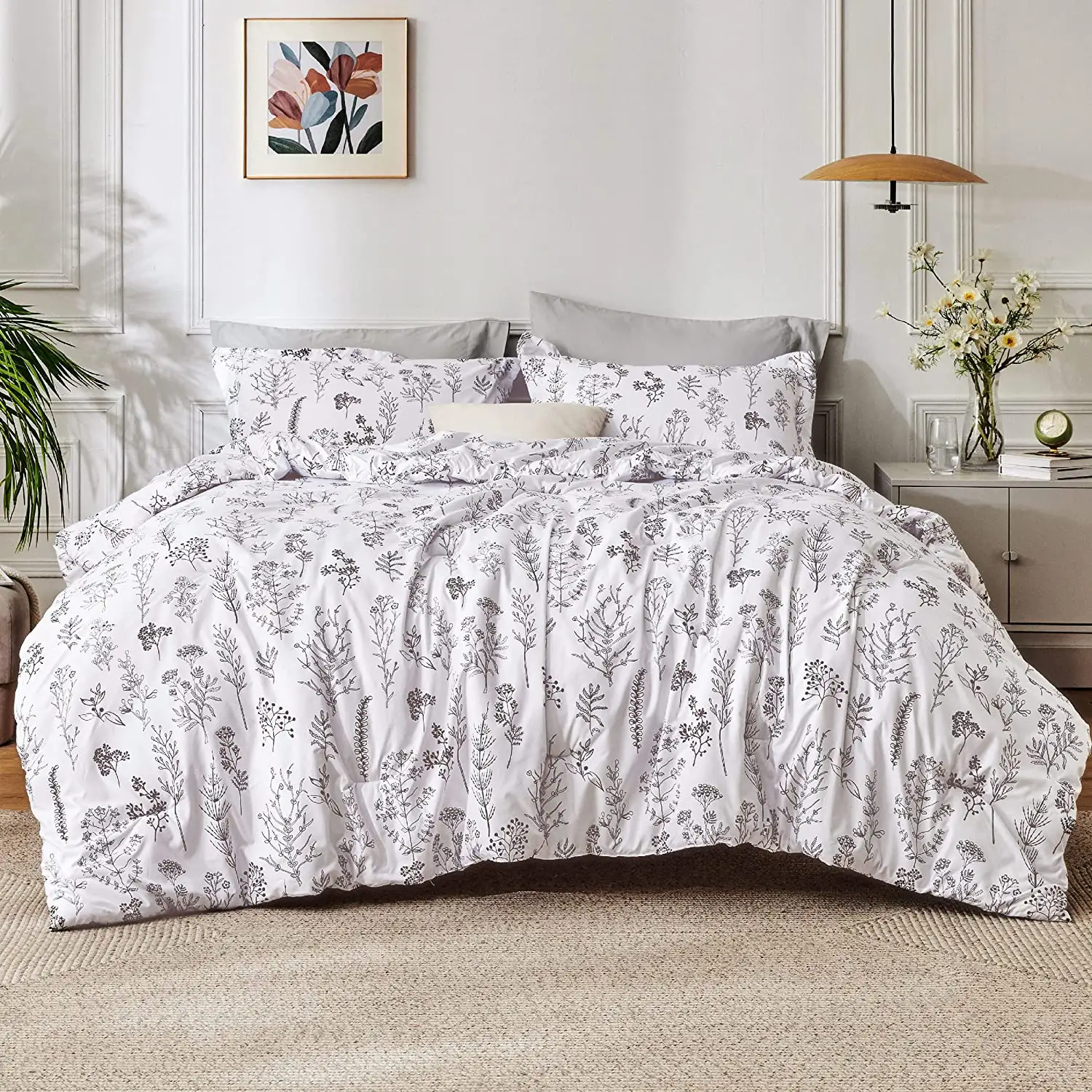 White Comforter Set Queen Floral Botanical Bedding Comforter Sets 4 Pieces Cute Flowers Lightweight Soft Bed Set