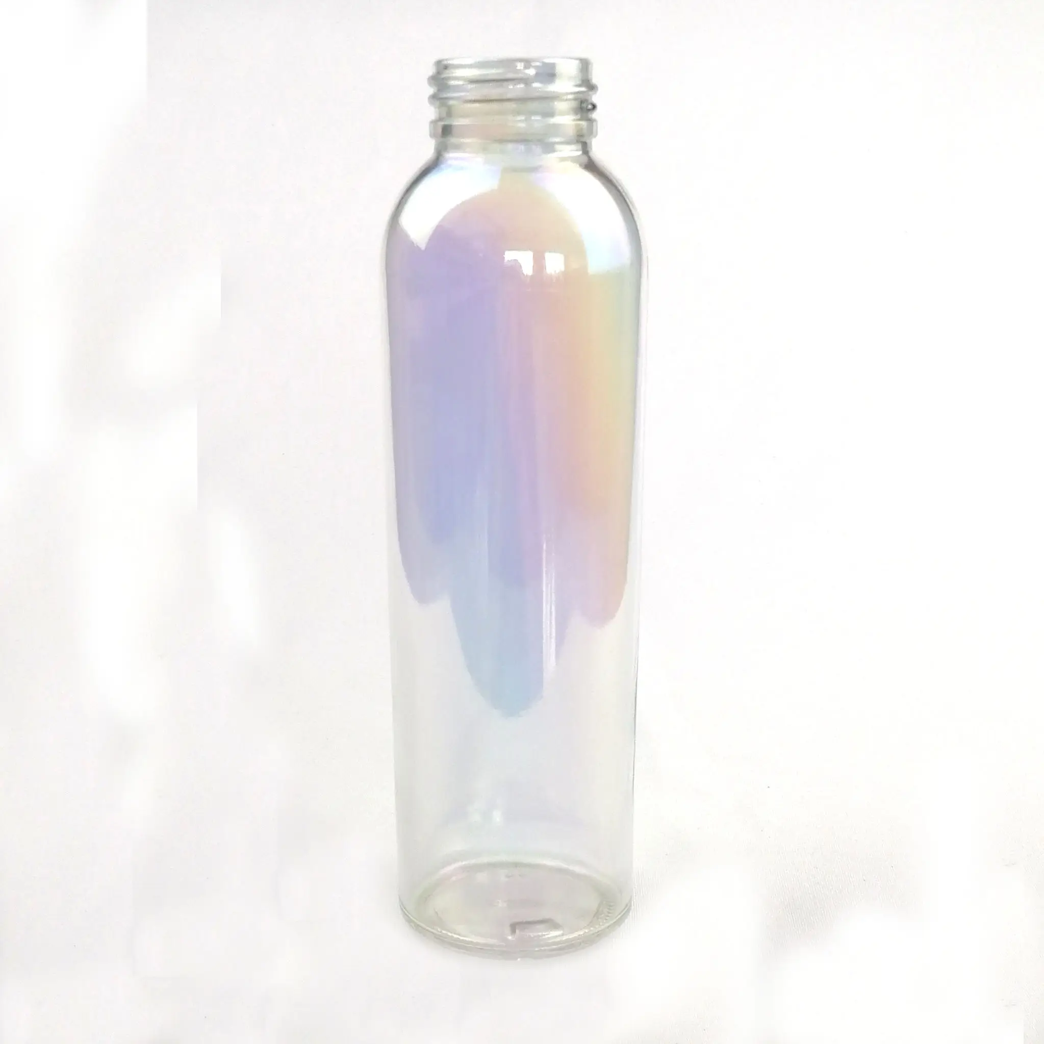 Venta al por mayor personalizado impreso elegante iridiscente color del arco iris 500ml botella de agua de vidrio con tapa de metal