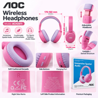 AOC Headphone Nirkabel Anak-Anak, Headset Stereo Over-Ear yang Dapat Dilipat, Nyaman dan Dapat Disesuaikan untuk Anak Perempuan dan Laki-Laki, Cocok untuk Aktivitas Luar Ruangan