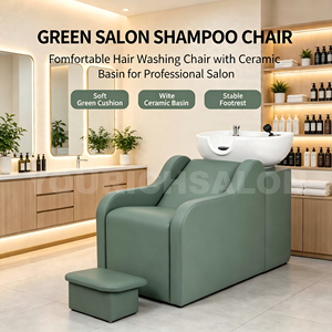 Chaise de lavage de cheveux verte pour salon de coiffure avec repose-pieds, lavabo en céramique et chaises de lavage pour salon de coiffure et barbier - Product Image 2