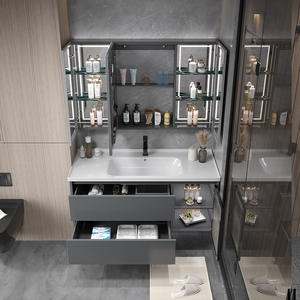 ตู้ห้องน้ำสีเทาโมเดิร์นพร้อมกระจก LED อ่างเซรามิกแบบชิ้นเดียวทรงสี่เหลี่ยมพร้อมแผ่นกันน้ำ - Product Image 4