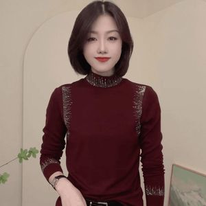 Women's High Neck Long Sleeve Sweater With Rhinestone Embellishments Solid Color Fashionable Base Layer Autumn Winter Style - Product Image 2