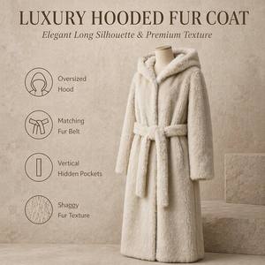 Mantel Luaran Wanita Musim Dingin, Model Slim, Berbahan Bulu Mink Imitasi, Berkerudung, Panjang, Lembut, Ramah Lingkungan, Hangat, Tebal, Berbulu, Dilengkapi Sabuk, Modis - Product Image 1
