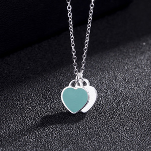 Collane alla Moda in Argento Sterling 925 con Doppi Cuori Smaltati Pendenti Adesivi Rosso Blu <span class=keywords><strong>Rosa</strong></span> per Donne - Product Image 4