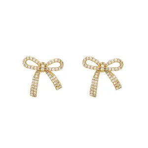 Korean Fashion Hollow Bowknot Stud Earrings for Women Shiny Rhinestone Crystal Bow Tie Clip On Earrings Elegant Jewelry Gifts