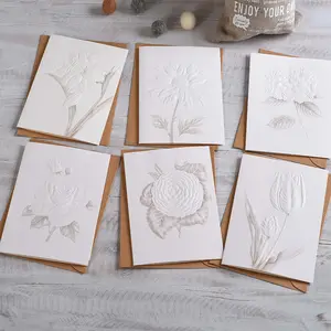 Impresión de papel Kraft con textura de boceto, tarjeta de felicitación con flores en relieve, tarjeta Simple de felicitación tridimensional