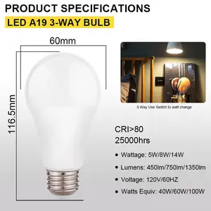 3-Way 40-60-100W 5-8-14W 120V UL listed ES listelenen A19 E26 RA80 enerji tasarrufu LED ampul LED ampul